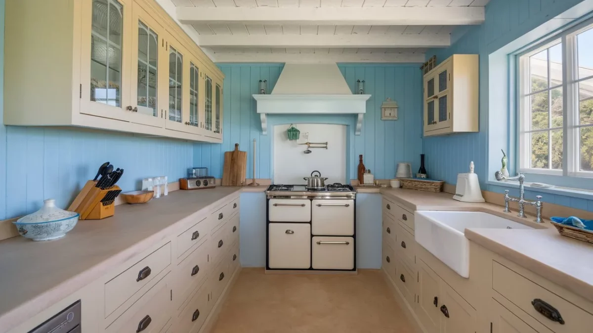 sky blue and sandy beige kitchen colour combination