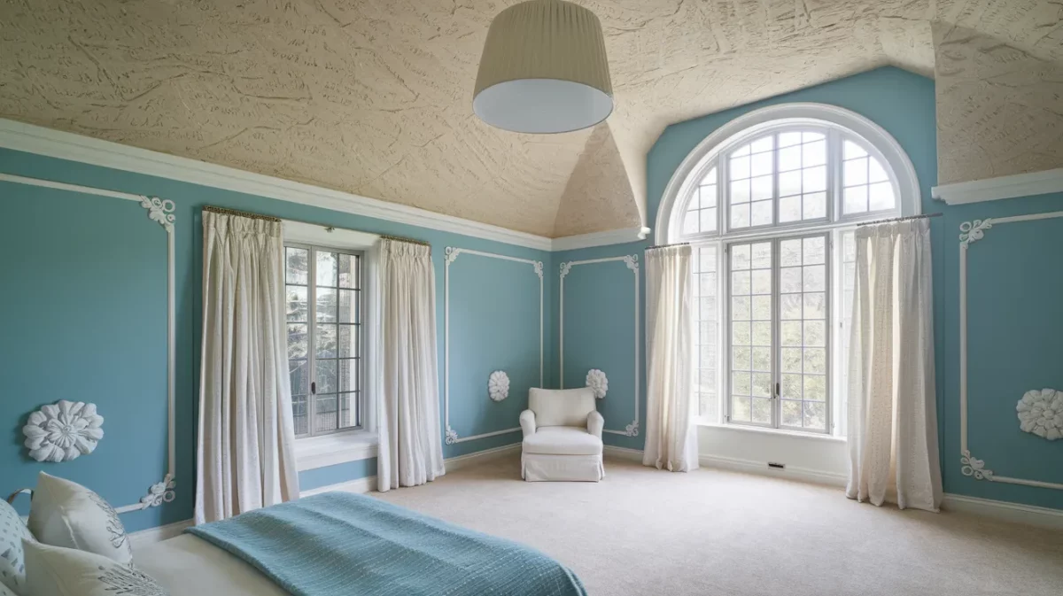 sky blue and white bedroom colour combination with ceiling