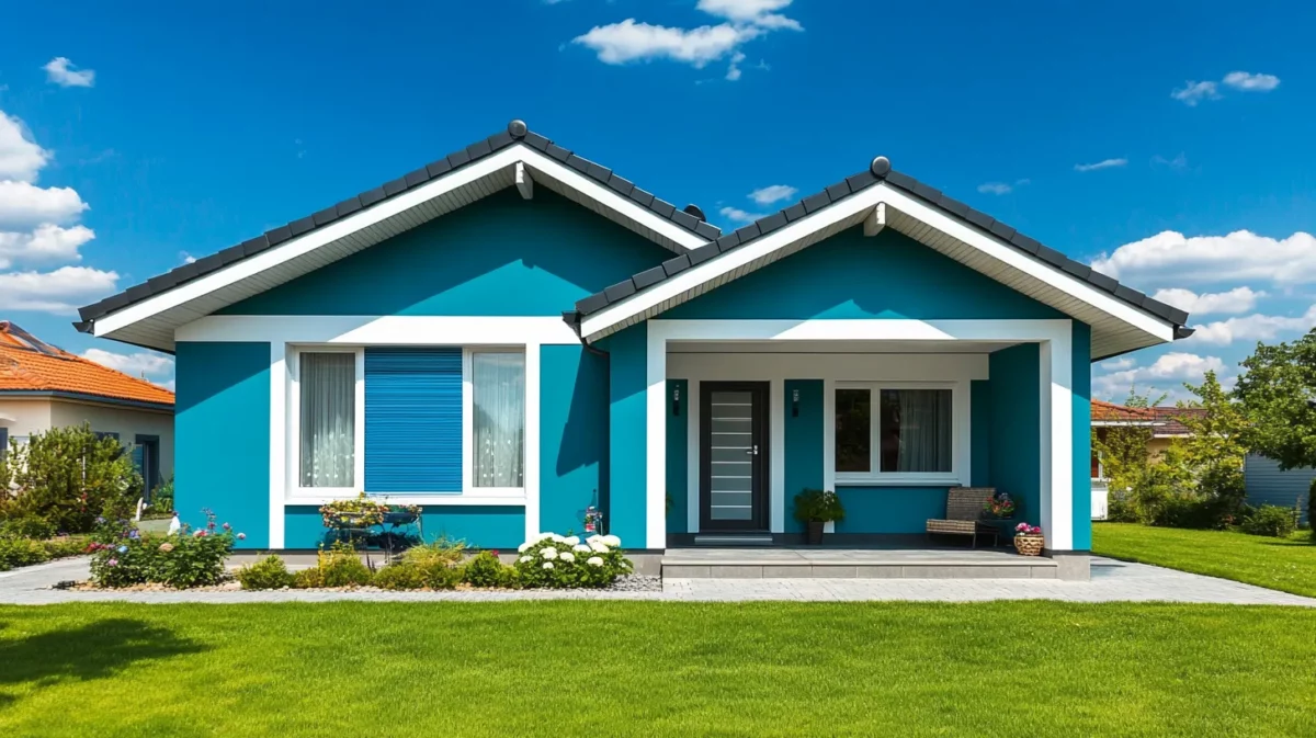 small house colour combination outside with teal and white