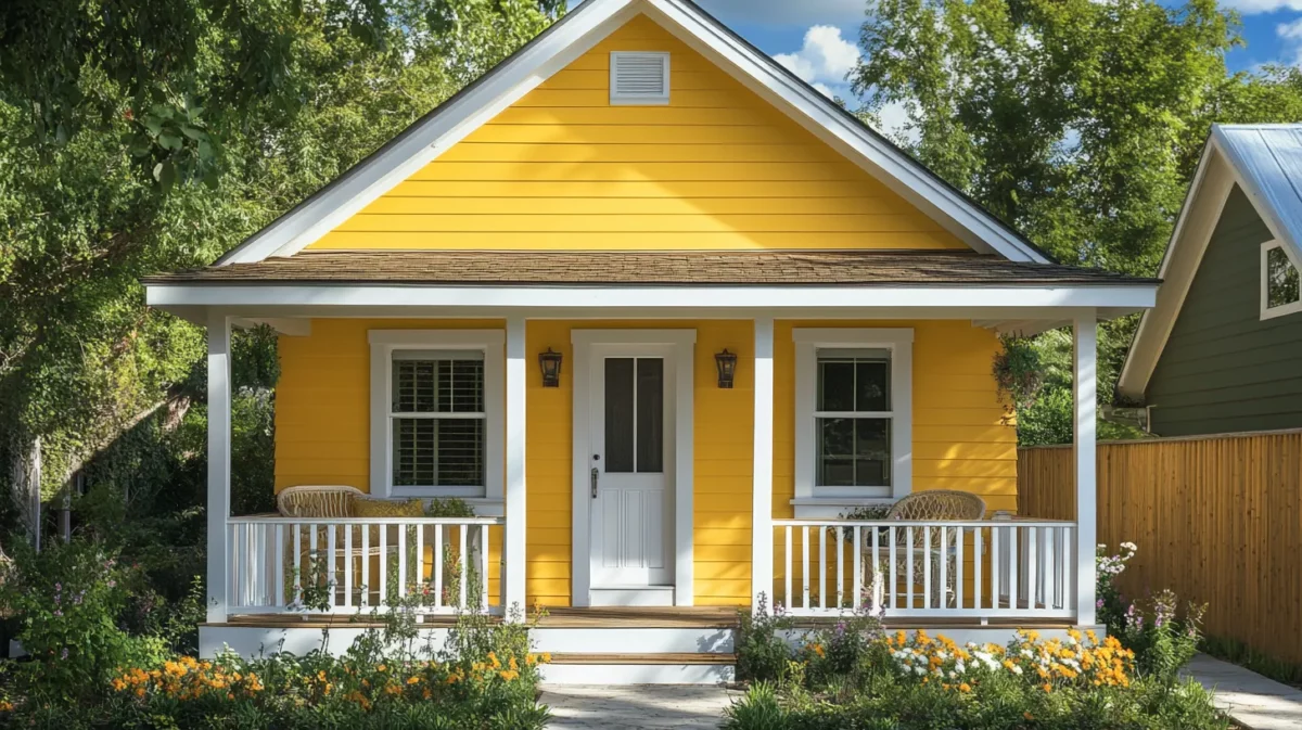 small house exterior colour combination with soft yellow and white