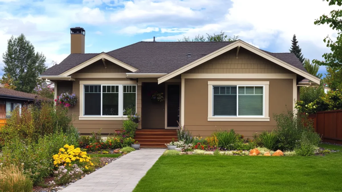 small house exterior colour combination with warm brown and cream