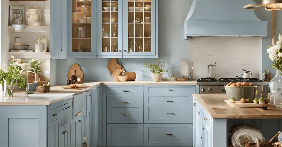 soft blue and beige kitchen combo for a unique, relaxed design
