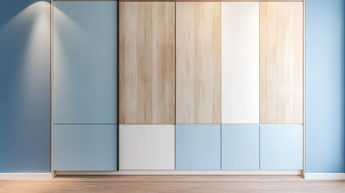 soft blue and white wood grain colour combination for wardrobe