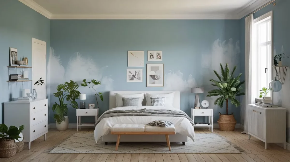 soft blues and misty undertones relaxing bedroom colours