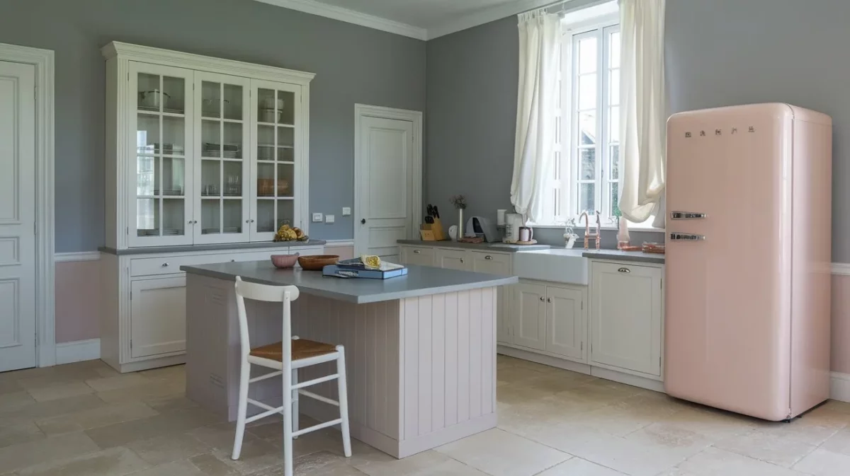 soft grey and blush pink kitchen furniture colour combination