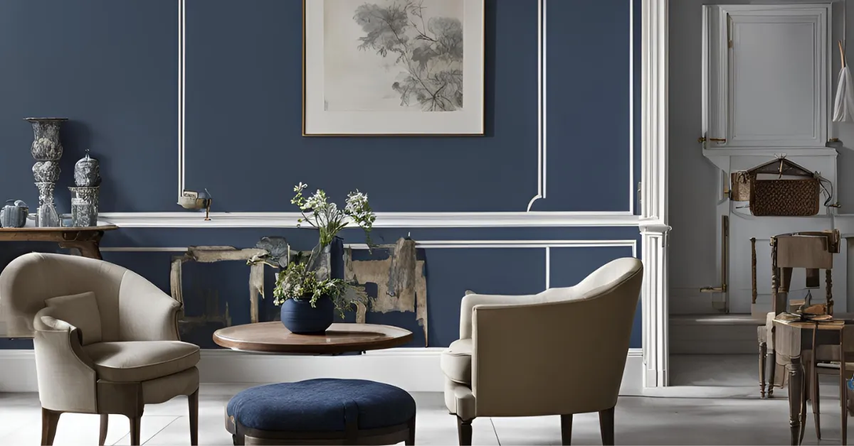 soft grey and deep blue colour combinations for drawing room walls