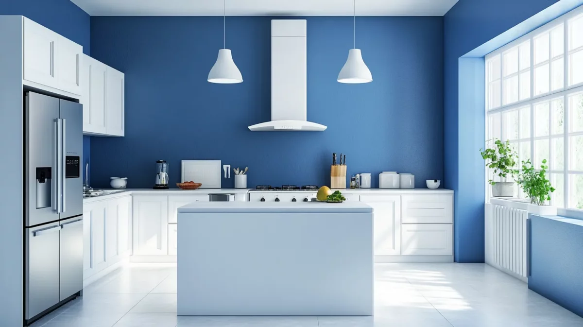 blue and white kitchen wall colour