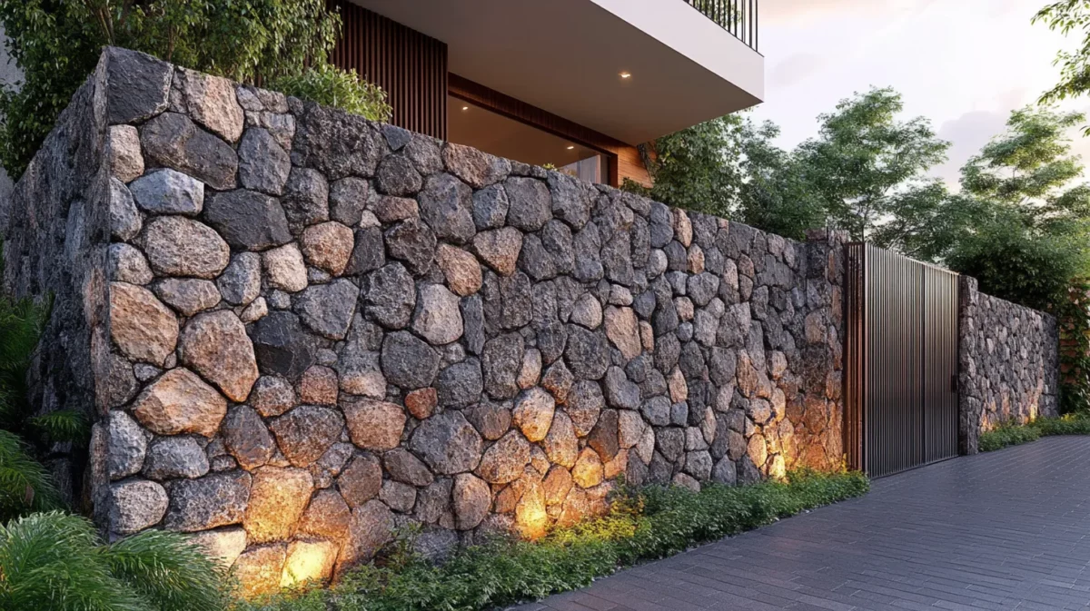 stone cladding modern house boundary wall design