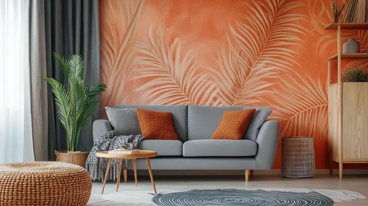 tangerine and leafy wallpaper for a vibrant living room wall