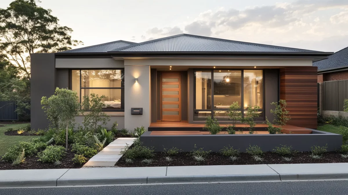 taupe and light wood small house colour combination outside