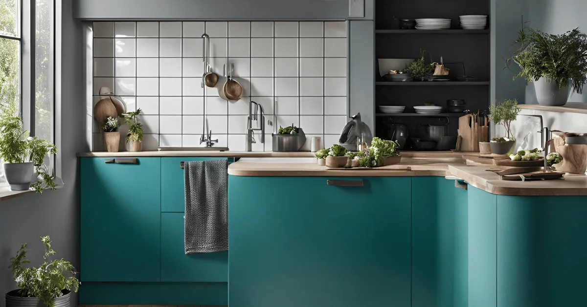 teal and light gray kitchen color for a fresh, simple look
