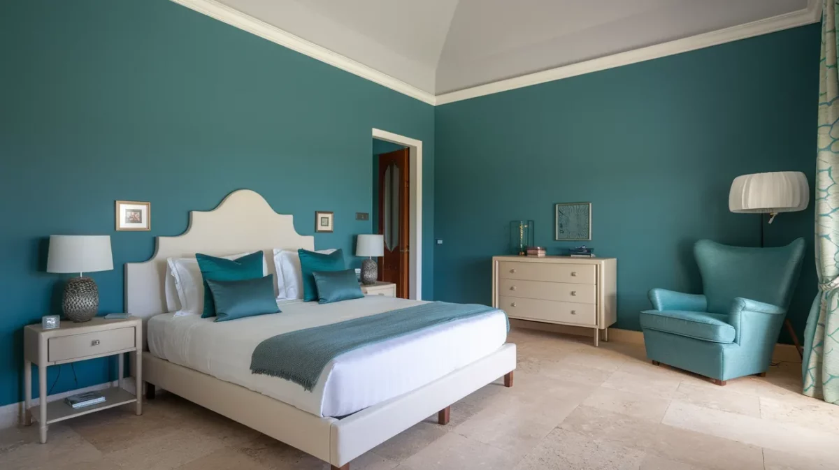 teal and light grey false ceiling colour combination for bedroom