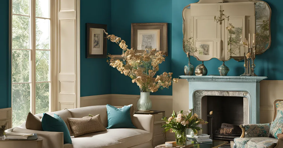 teal and warm beige colour combinations for drawing room walls