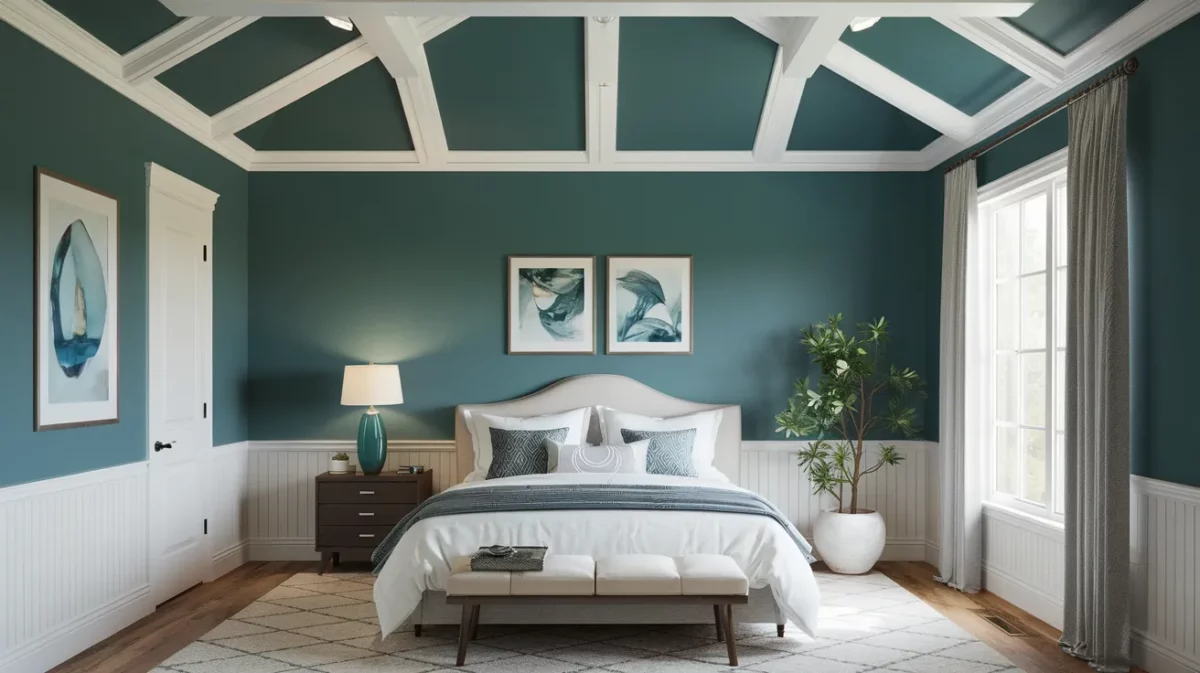 teal and white bedroom ceiling colour combination