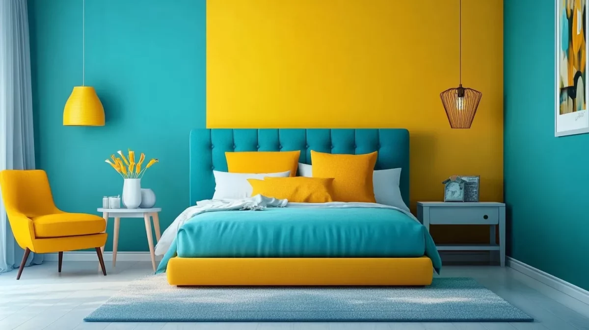 teal and yellow two colour combination for bedroom walls