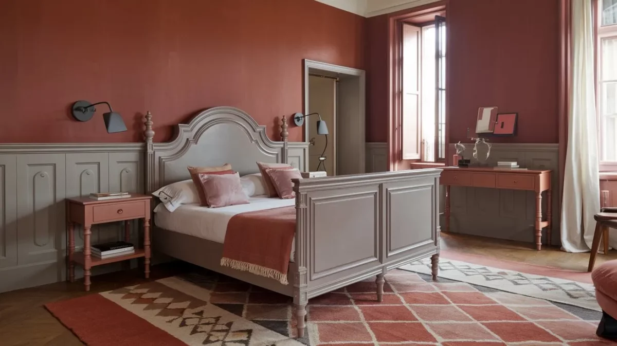 terracotta and muted grey relaxing bedroom colours