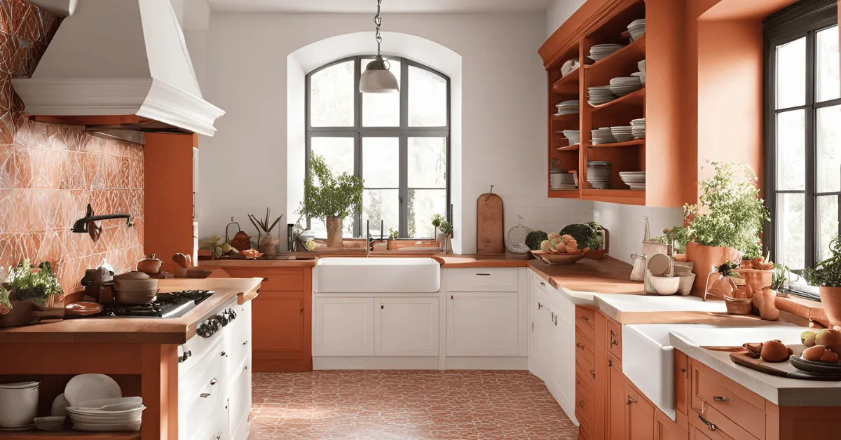 warm terracotta and white kitchen color for a cozy, simple design
