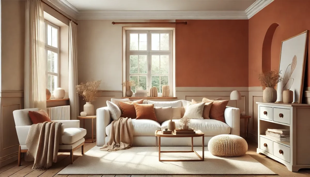 terracotta and white wall colour combination for living room