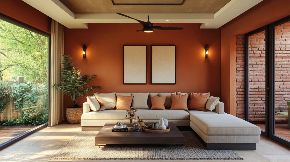 terracotta with light brown brick texture living room wall colour combination