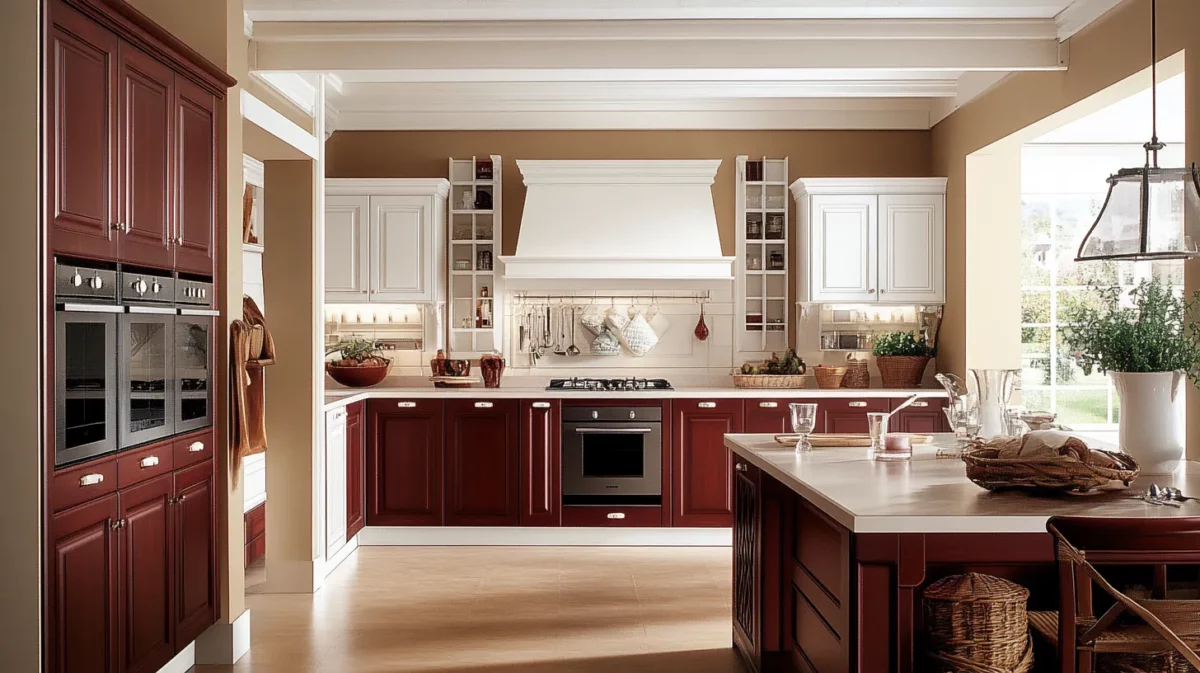 traditional kitchen combination deep maroon and white