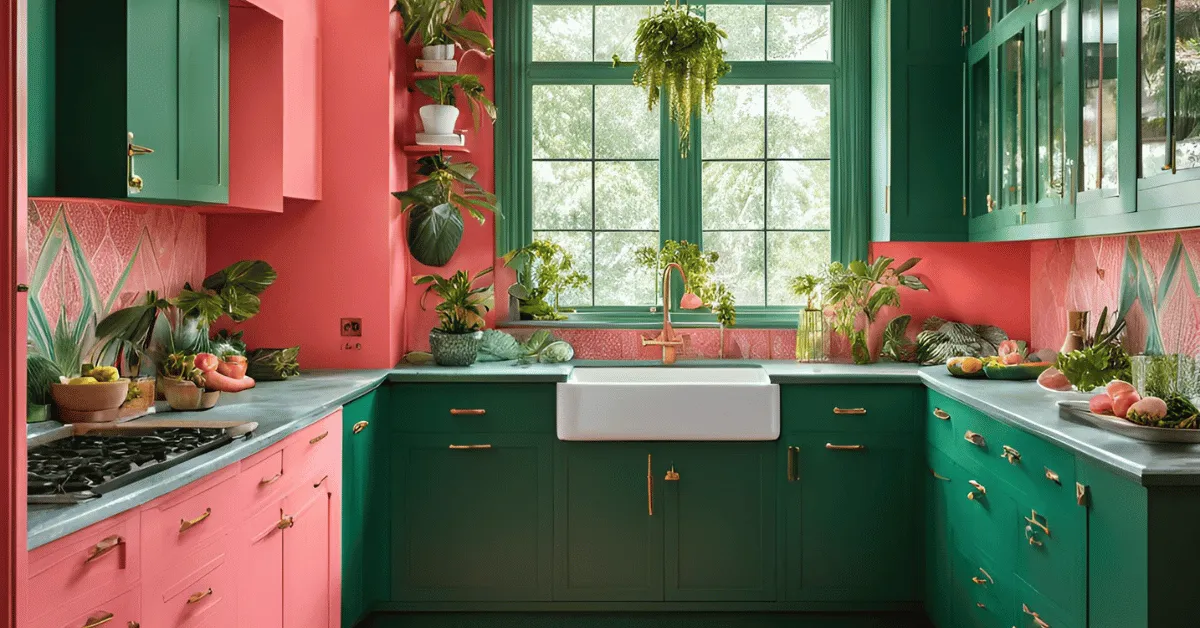 tropical paradise pink and green colour combination for kitchen