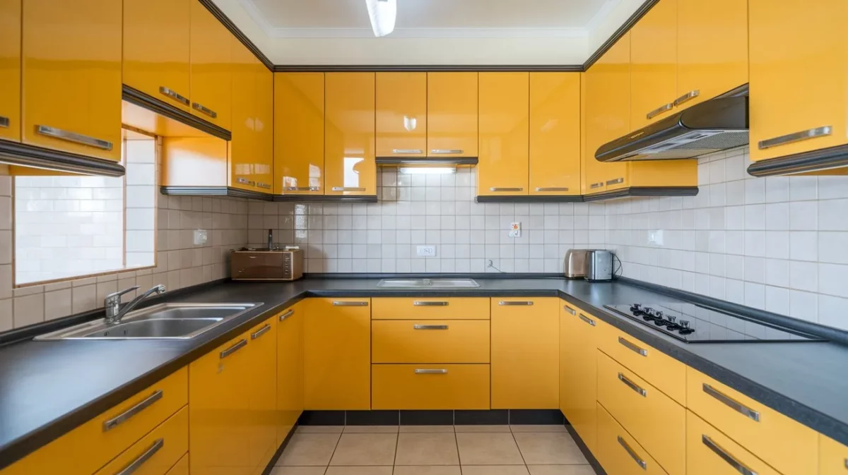 turmeric yellow and charcoal grey kitchen colour combination