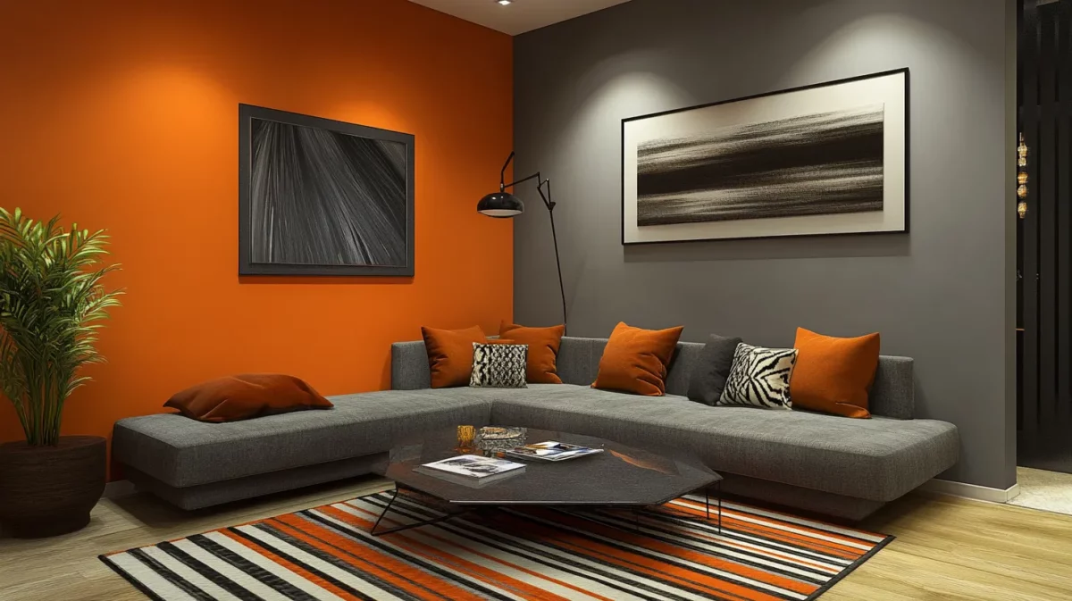 vibrant orange and grey colour combination for simple hall