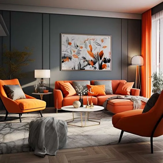 vibrant orange and grey textured wall colour combination for hall