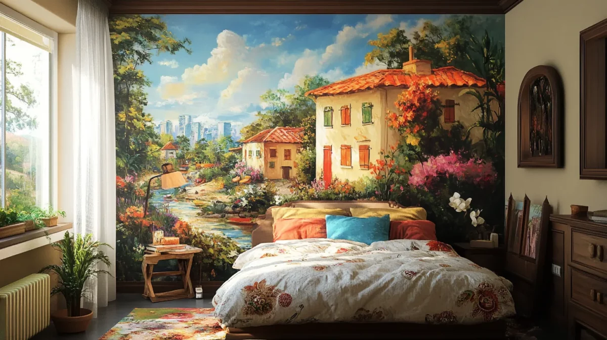 vibrant village 3d wall painting design for bedroom