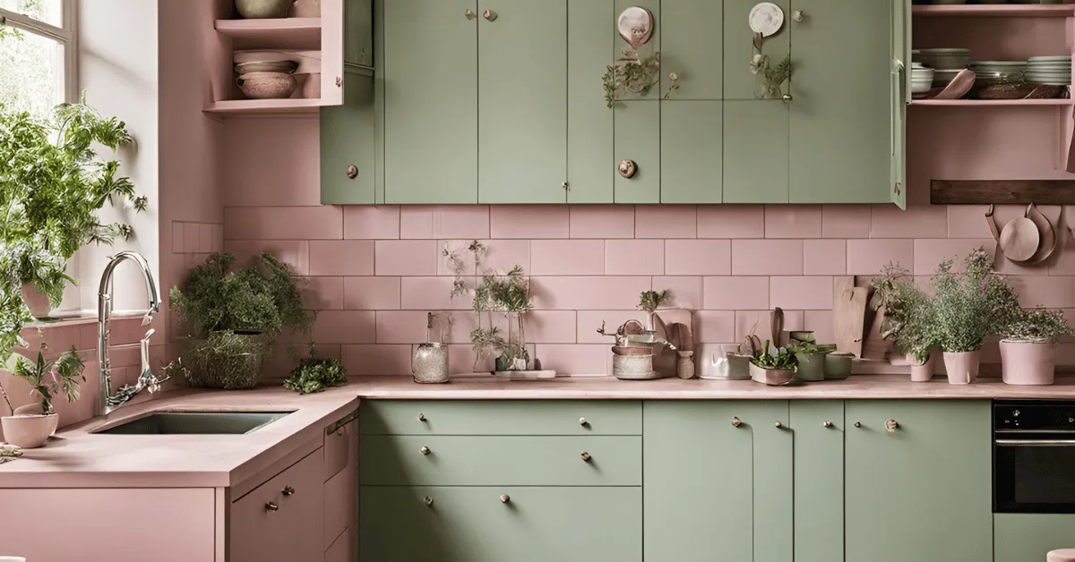 vintage charm pink and green colour combination for kitchen