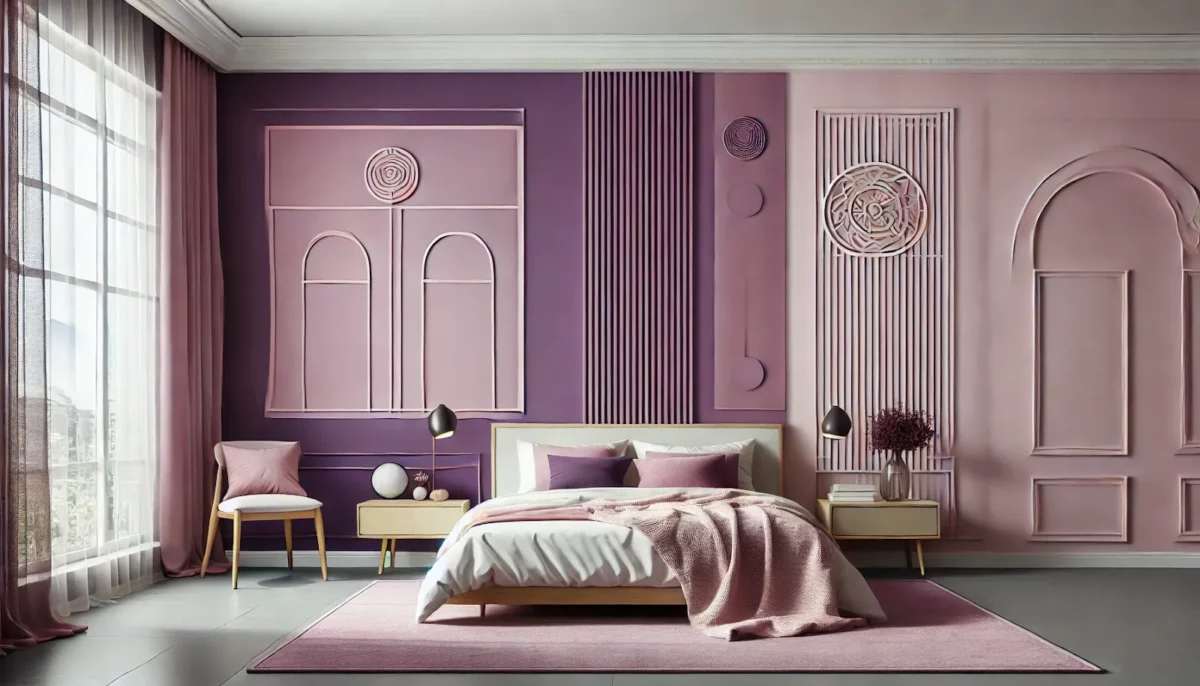 violet and light pink wall putty texture design for bedroom