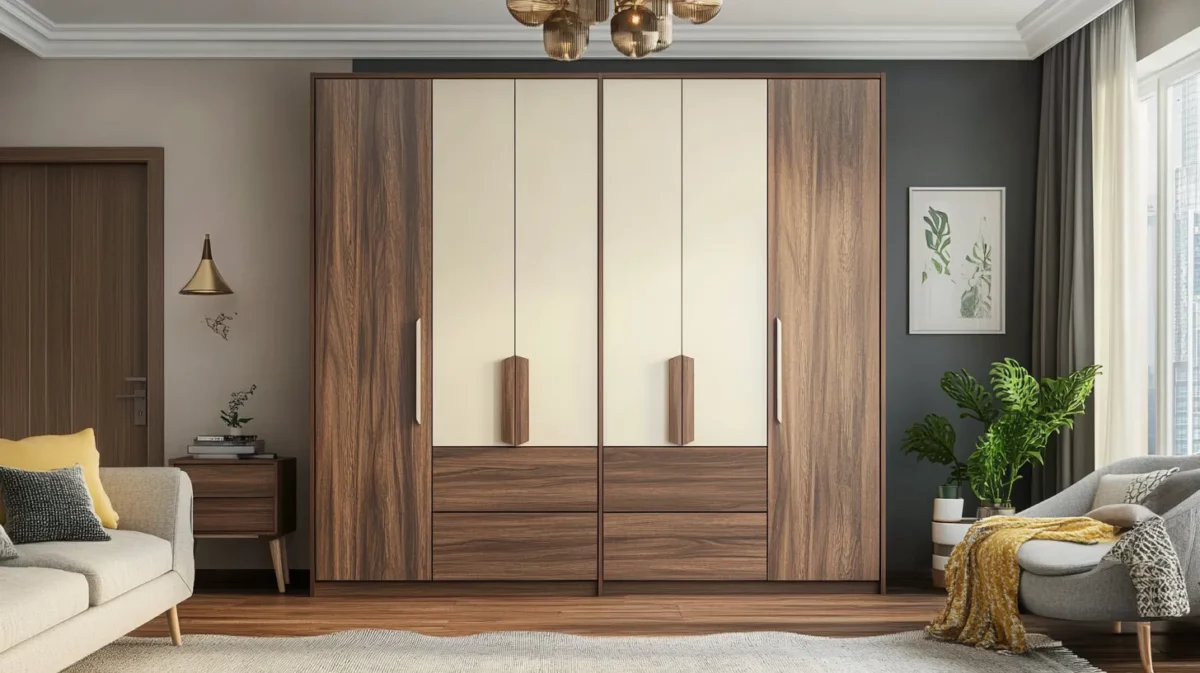 walnut and creamy white wardrobe laminate colour combination