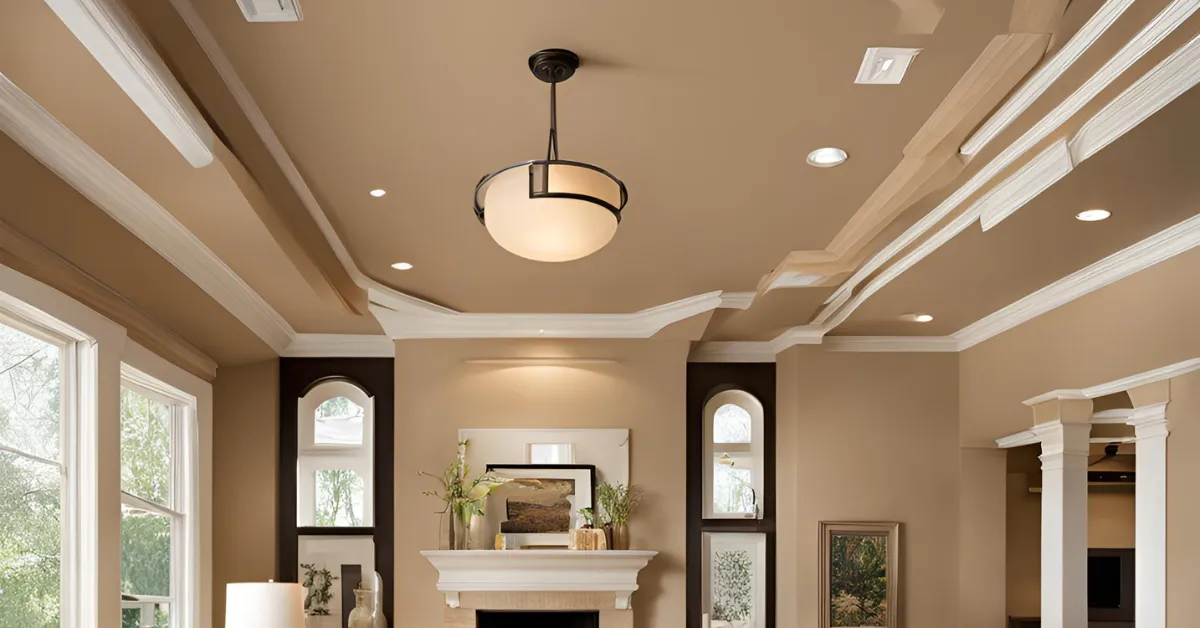 warm beige and deep brown ceiling for a cozy feel
