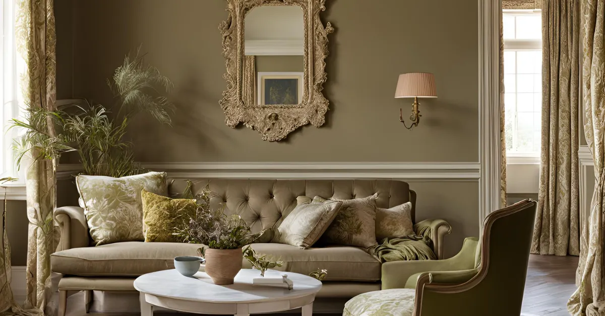 warm taupe and rich olive colour combinations for drawing room walls