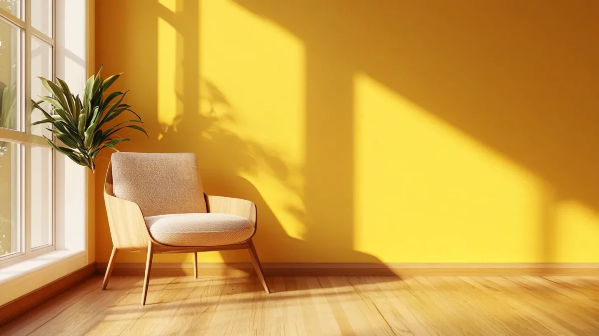 warm yellow and natural wood colour combination for walls