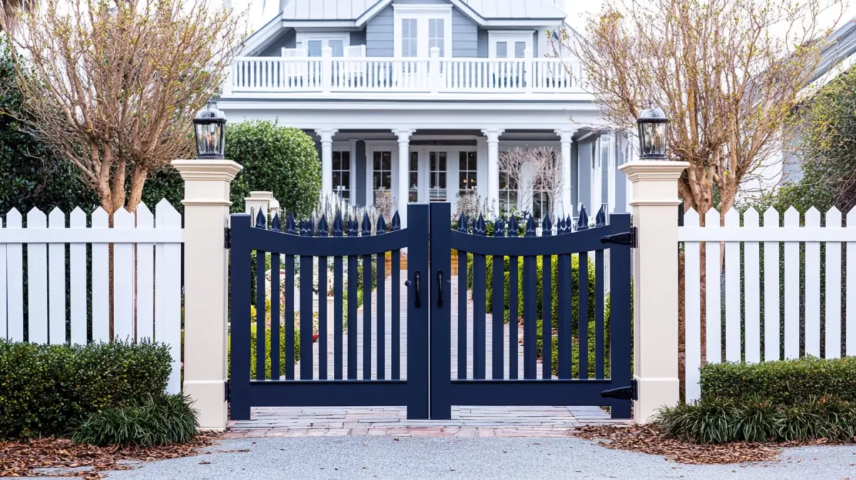 welcoming navy and white iron gate colour combination