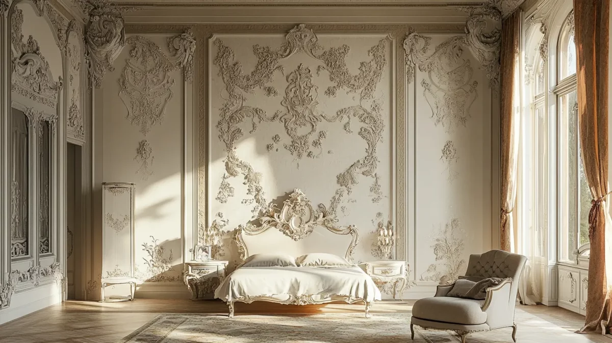 white and royal baroque style wallpaper for bedroom walls