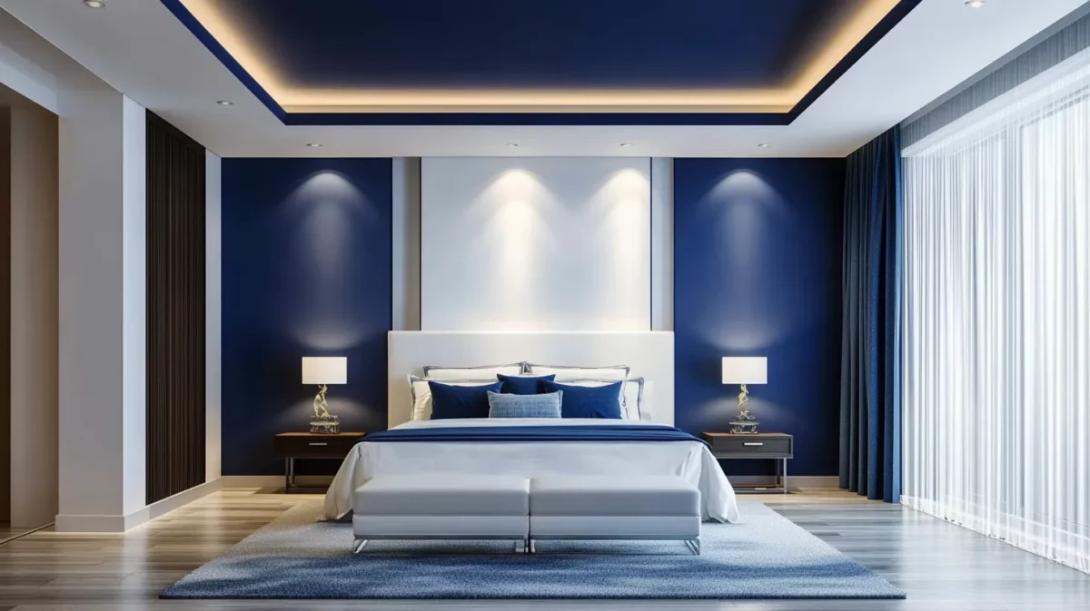 white walls and navy blue ceiling colour combination for bedrooms