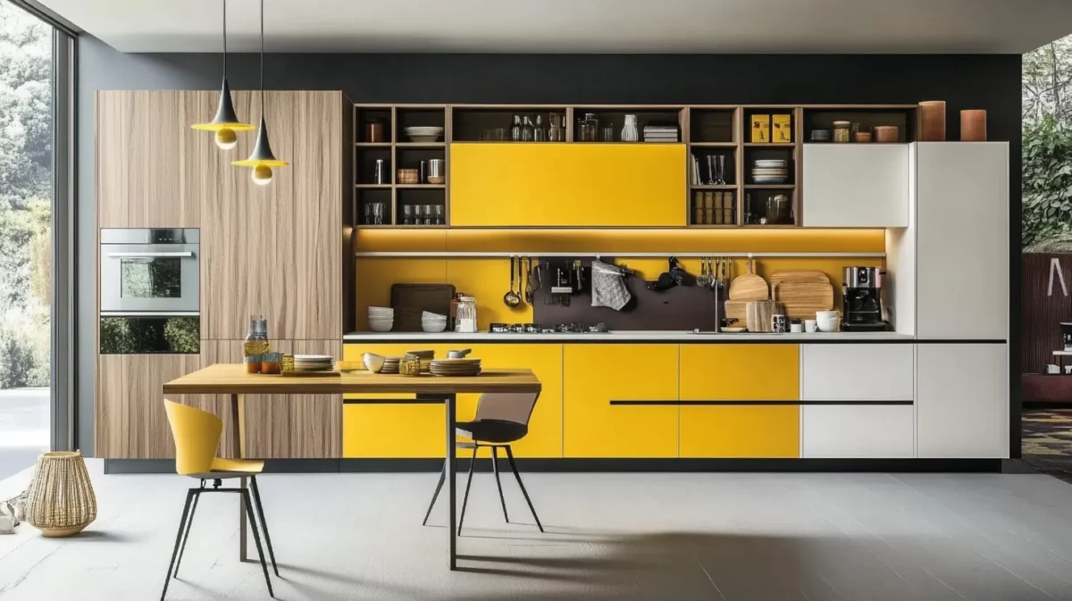 yellow brown and white modular kitchen colour combination