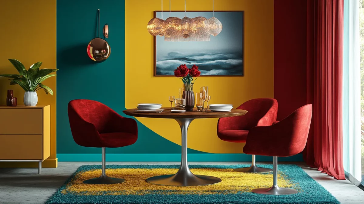 yellow teal and red wall paint colour combinartion