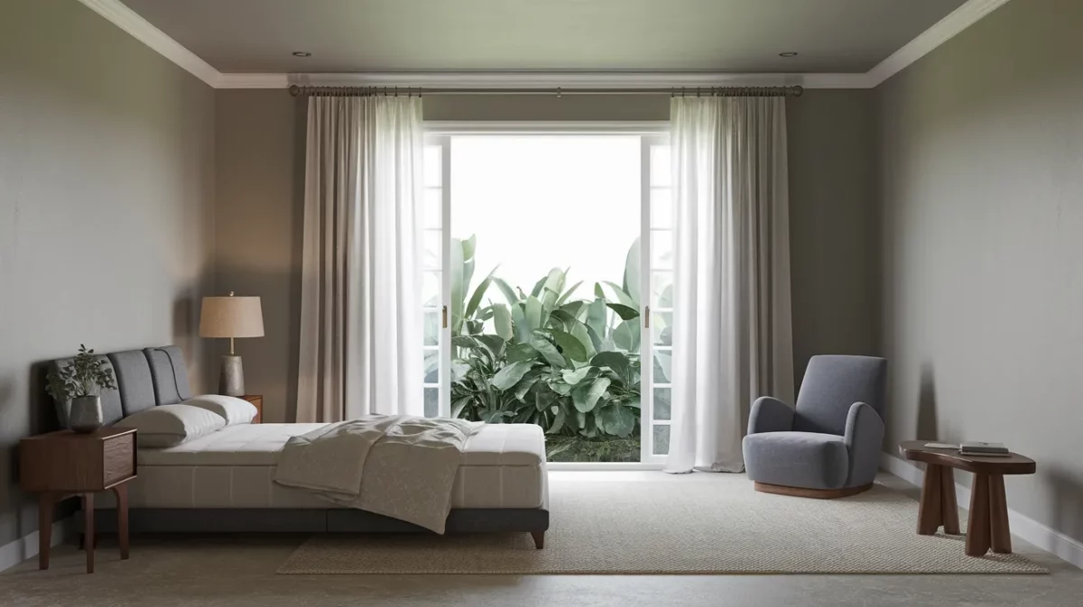 a serene bedroom with varying shades of grey with earth tones like warm browns beiges and greens