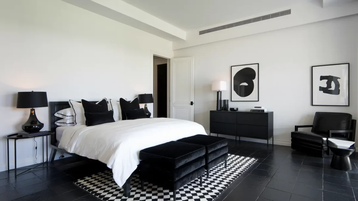 bedroom with a black and white minimalist look