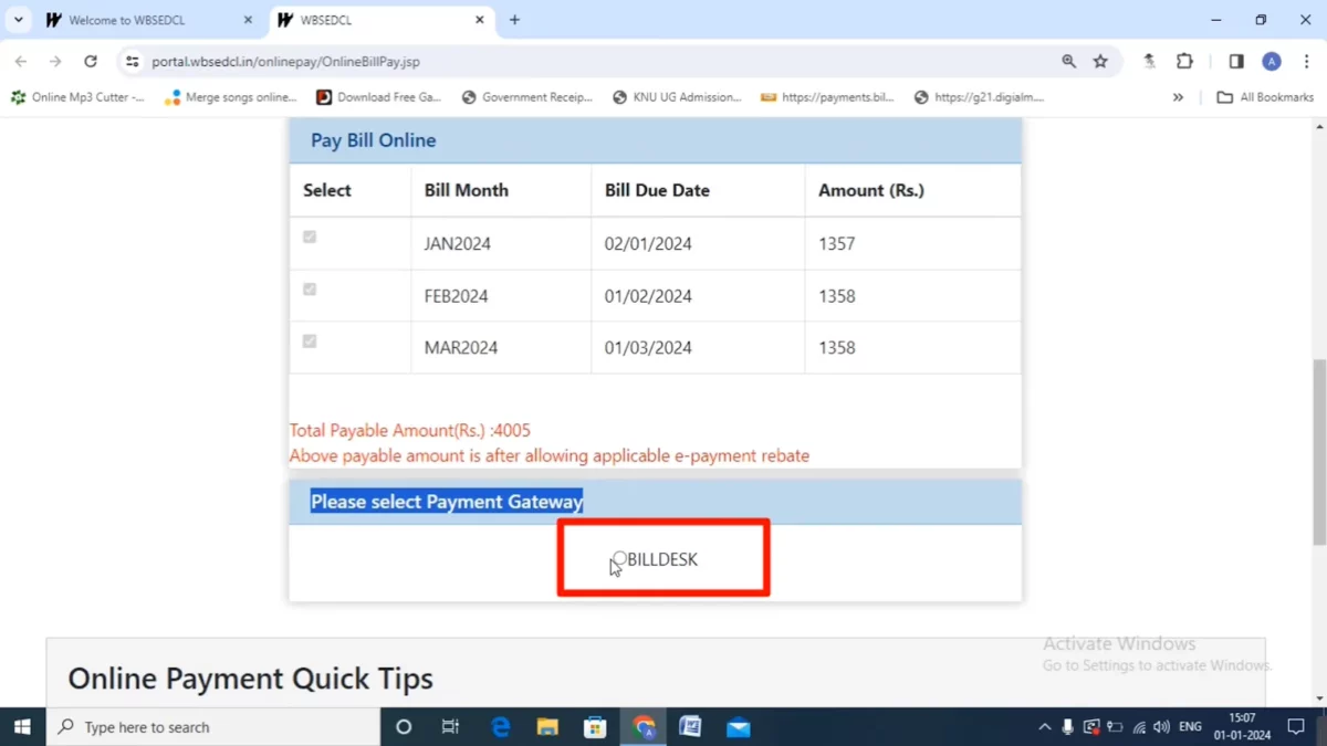 bill desk wbsedcl bill payment