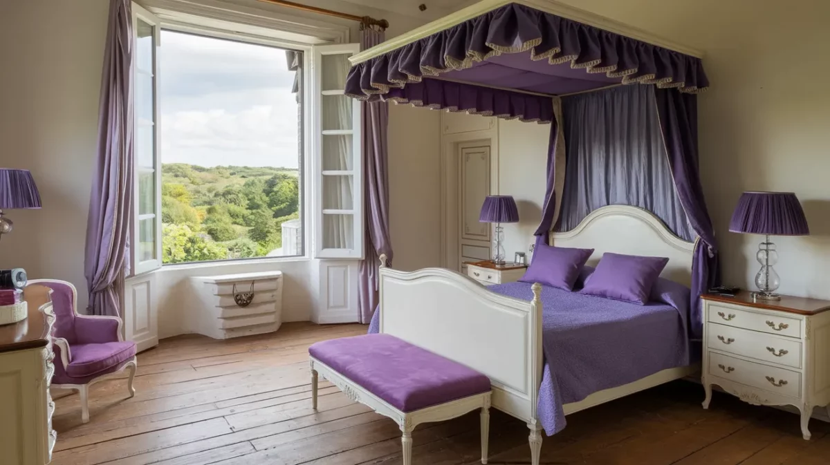 classic bedroom with a white and purple color scheme