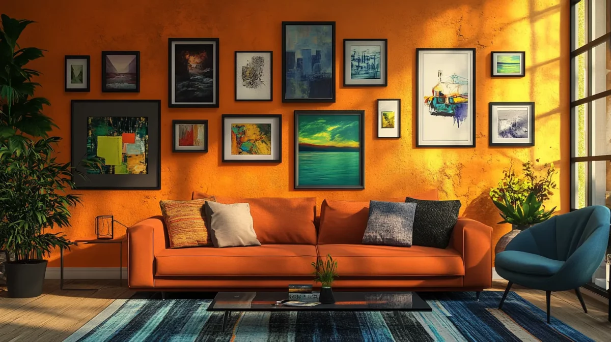 gallery wall of modern art for living room wall texture