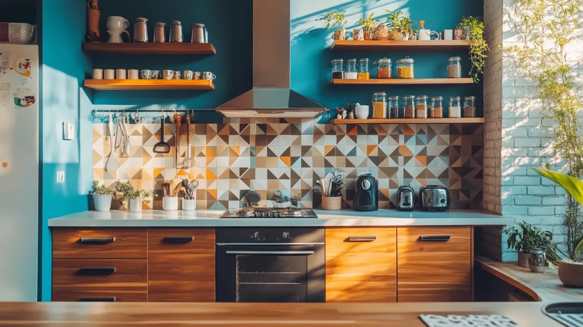 indian kitchen with geometric patterns