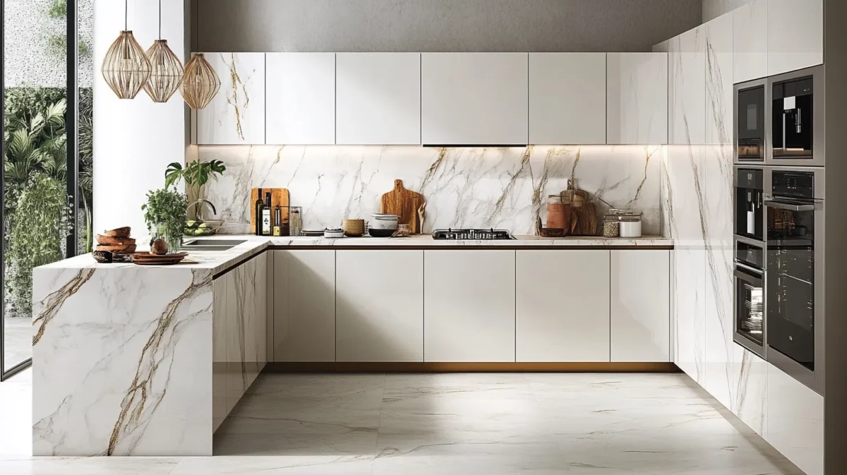 marble finish modular kitchen design ideas