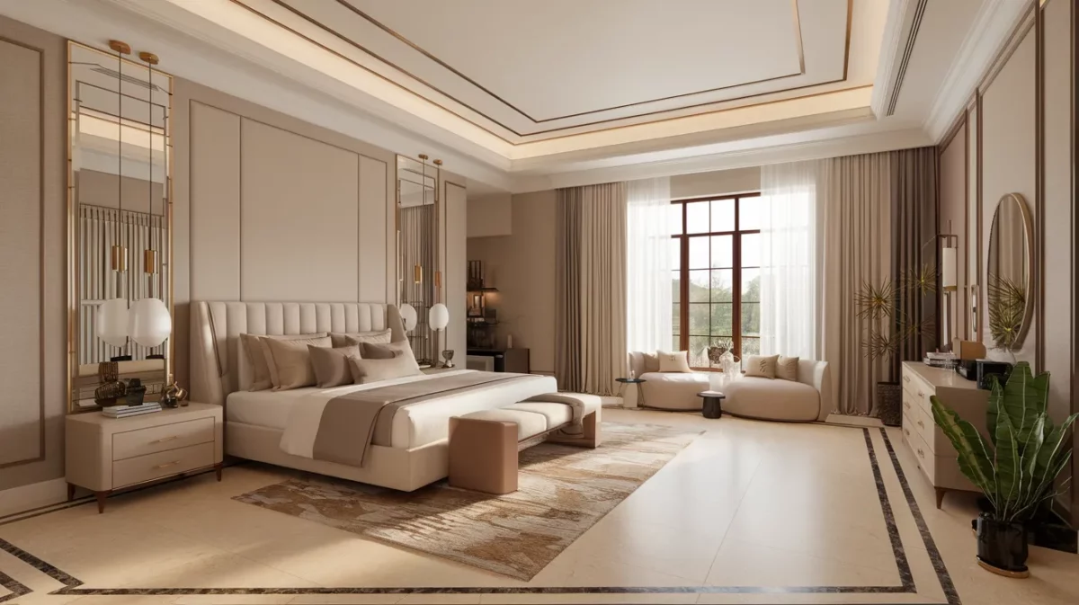 master bedroom with warm neutrals with metallic accents