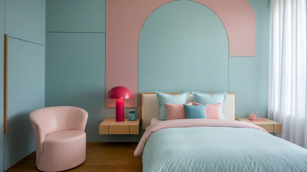 modern bedroom with pastel colours