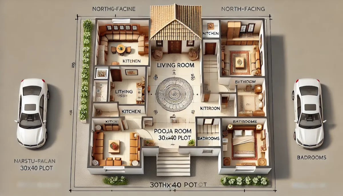 north facing house vastu plan for a 30x40 plot with pooja room